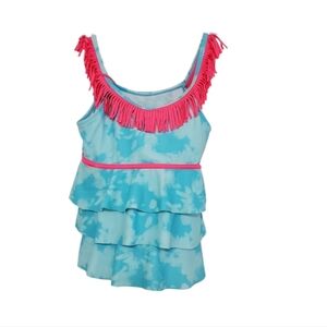 NWT Justice Blue Tiered Ruffle Girls Swim Tankini Top with Pink Fringe, Size 12
